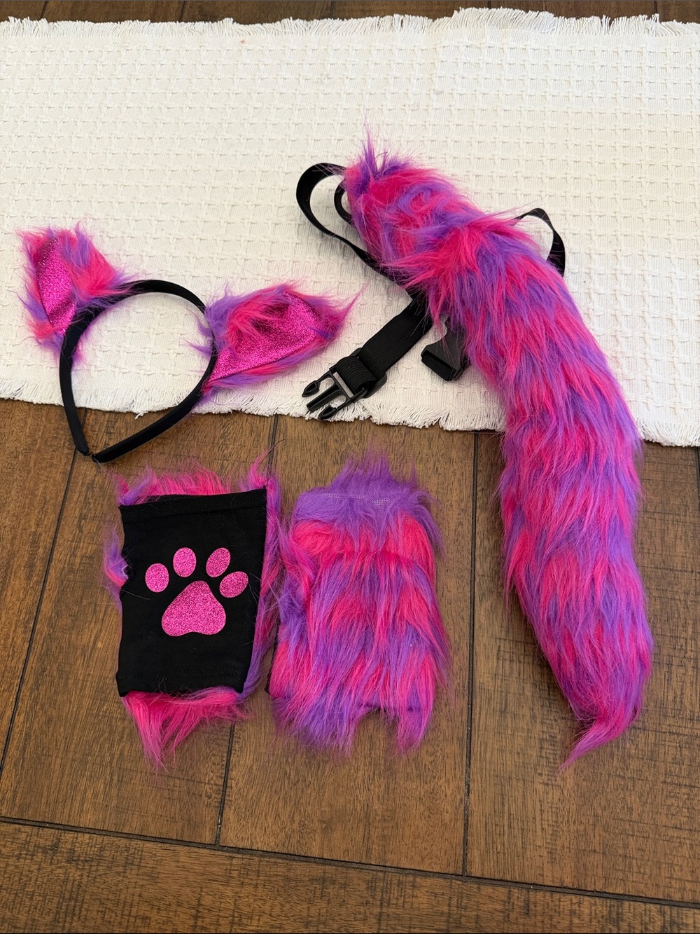 Womwn Pink & Purple Fuzzy Cat Tail and Ear Costume Set - Halloween Cheshire Cat